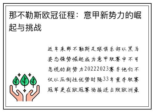 那不勒斯欧冠征程：意甲新势力的崛起与挑战